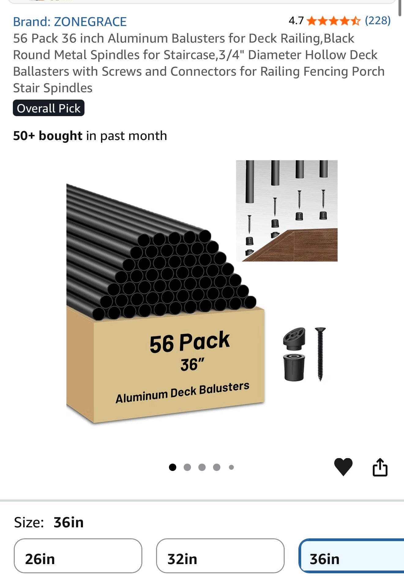 56 Pack 36 inch Aluminum Balusters for Deck Railing,