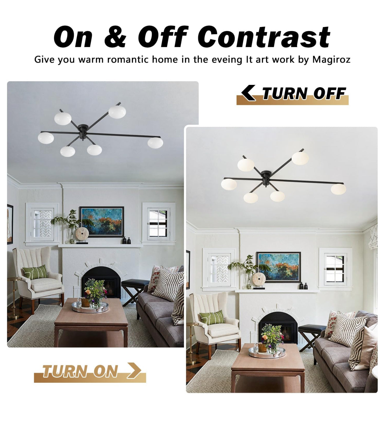 6-Light Mid Century Semi Flush Mount Black Matte Sputnik Chandelier Fixtures with Milk Glass Shade