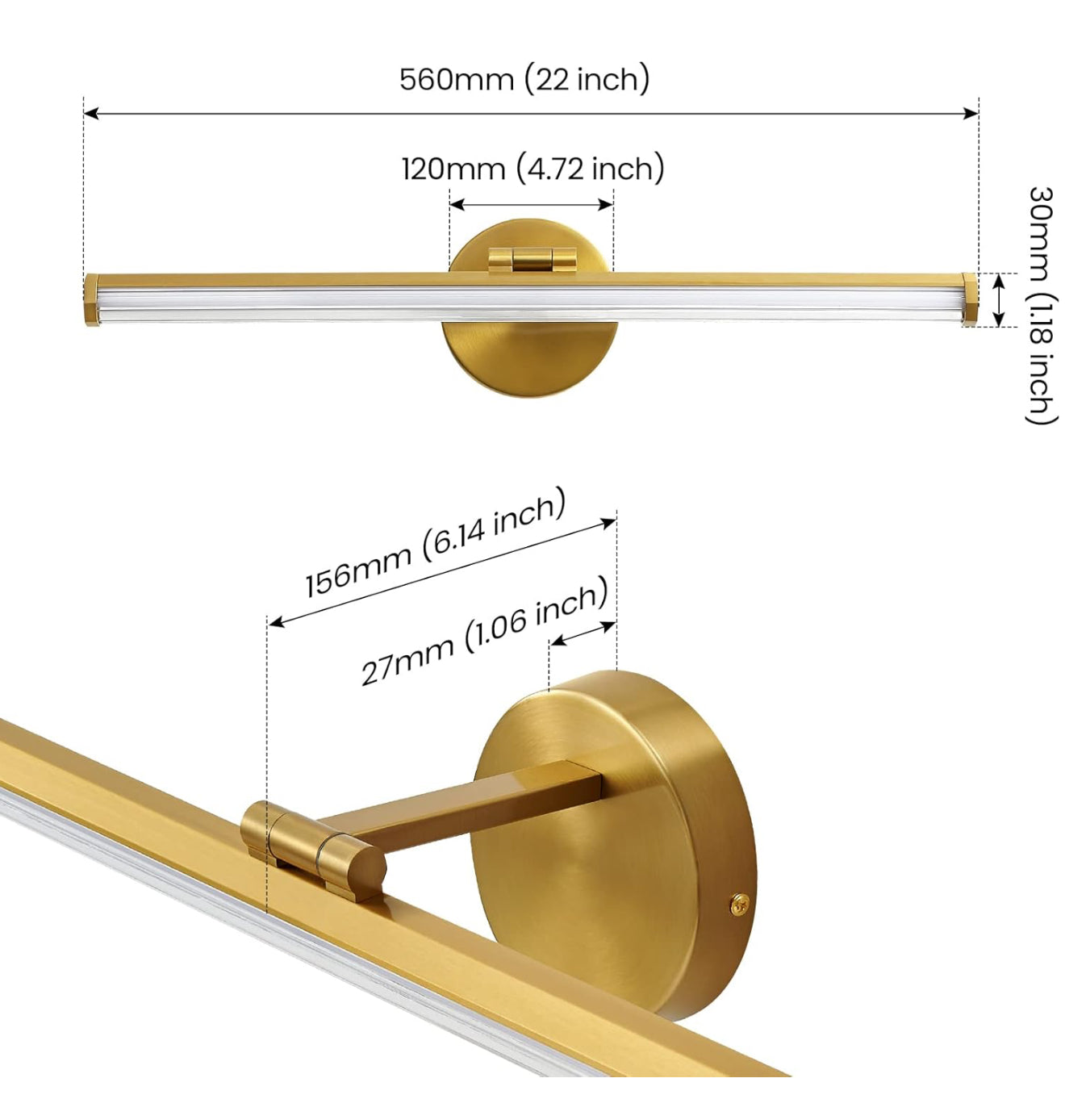 Bathroom Light Fixture Over Mirror - Gold Vanity Light Fixture 18W 4000K Angle Adjustable 22 Inch LED Dimmable Modern Vanity Light Bar for Bedroom Living Room Bathroom