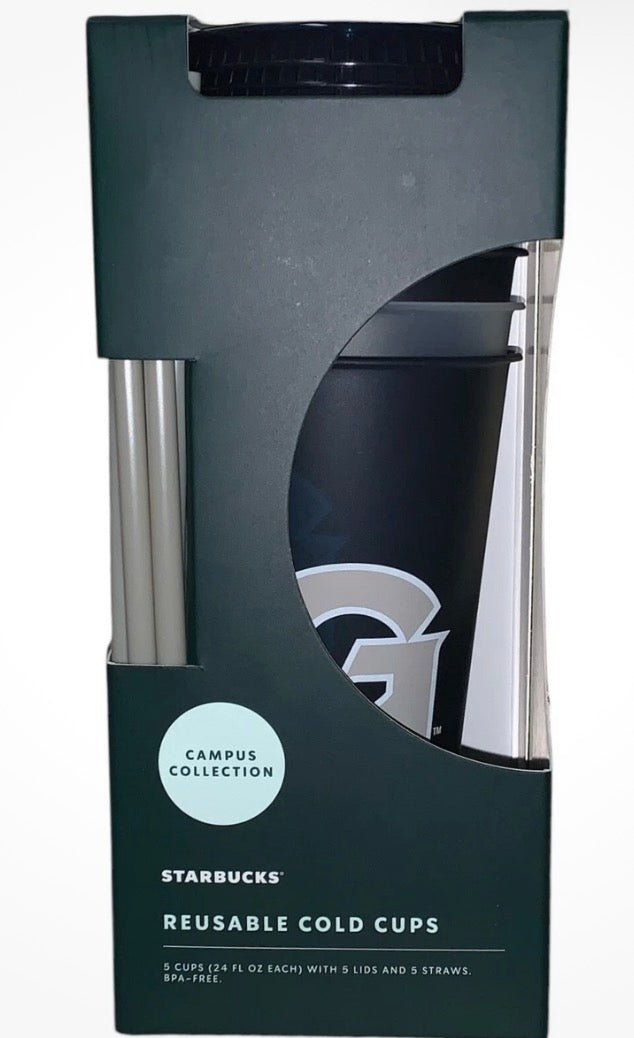 5 Pk Starbucks Campus Collection GEORGETOWN Reusable 24 Oz Cold Cups Lids Straws