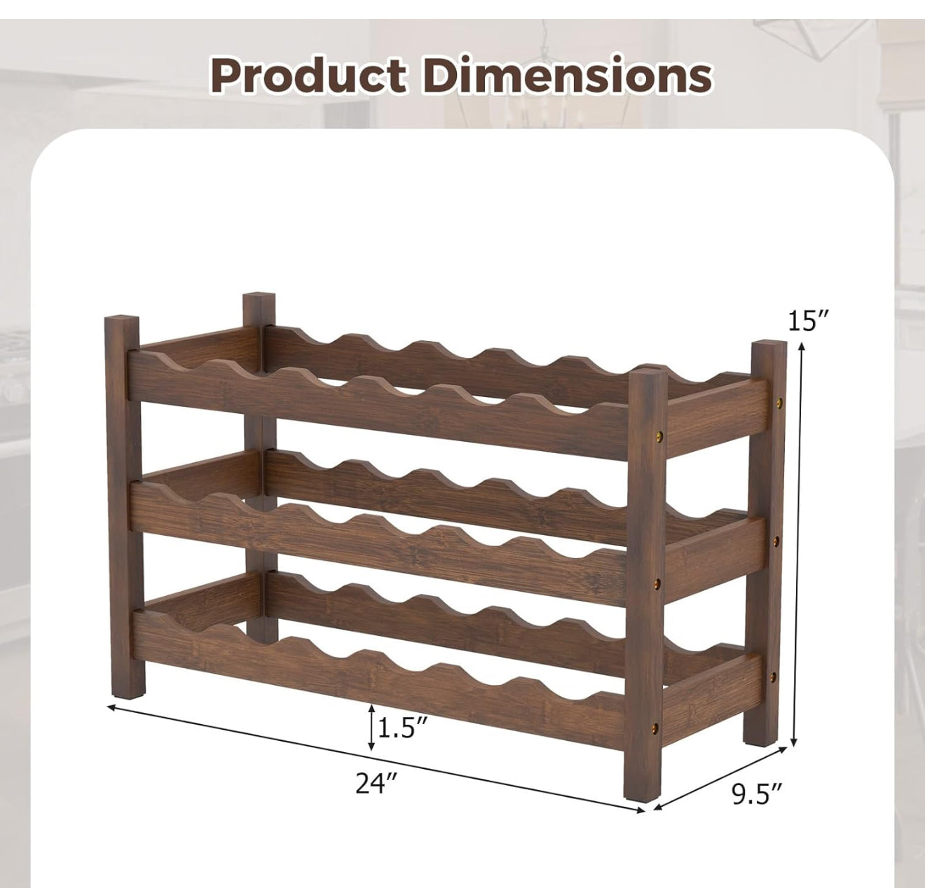 3-Tier Bamboo Wine Rack, 18-Bottle Tabletop Wine Holder with Wave Slot, Freestanding Countertop Wine Bottle Organizer for Kitchen, Pantry, Pub & Wine Cellar, Brown