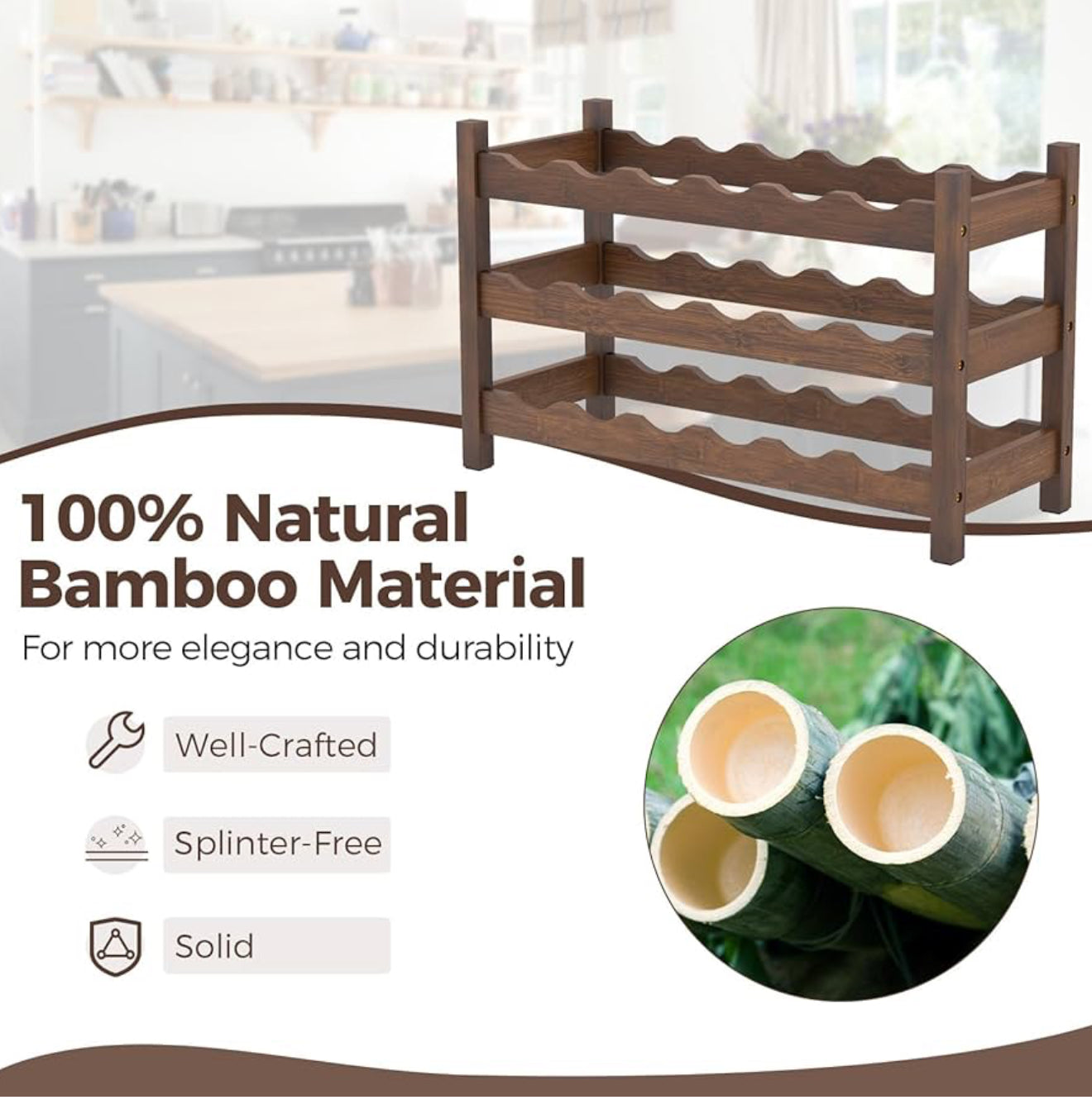 3-Tier Bamboo Wine Rack, 18-Bottle Tabletop Wine Holder with Wave Slot, Freestanding Countertop Wine Bottle Organizer for Kitchen, Pantry, Pub & Wine Cellar, Brown