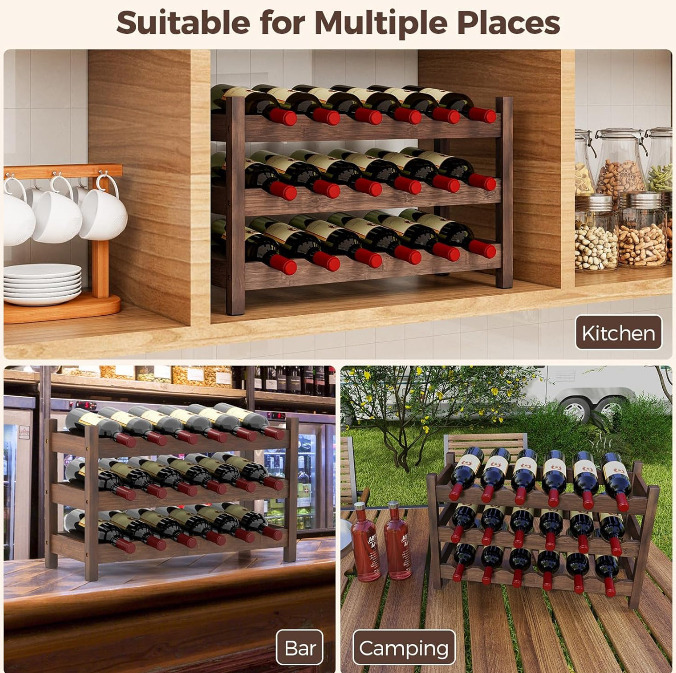 3-Tier Bamboo Wine Rack, 18-Bottle Tabletop Wine Holder with Wave Slot, Freestanding Countertop Wine Bottle Organizer for Kitchen, Pantry, Pub & Wine Cellar, Brown