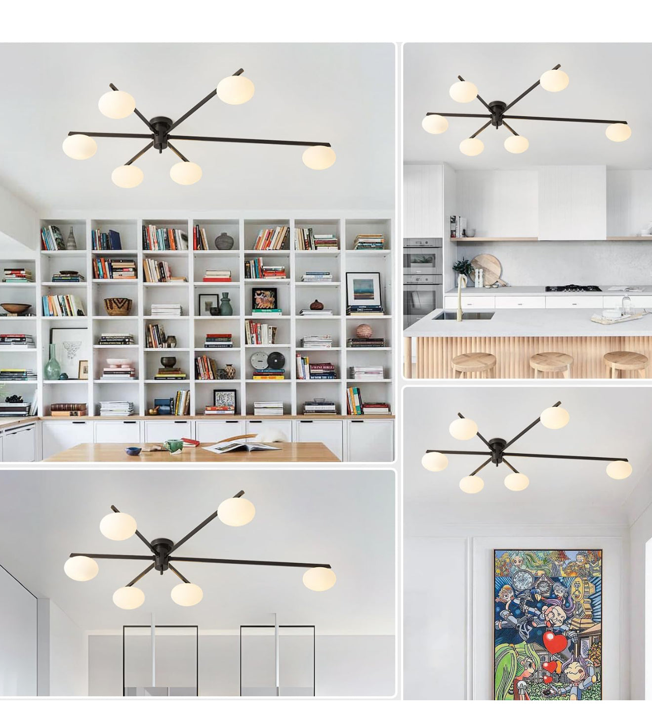 6-Light Mid Century Semi Flush Mount Black Matte Sputnik Chandelier Fixtures with Milk Glass Shade