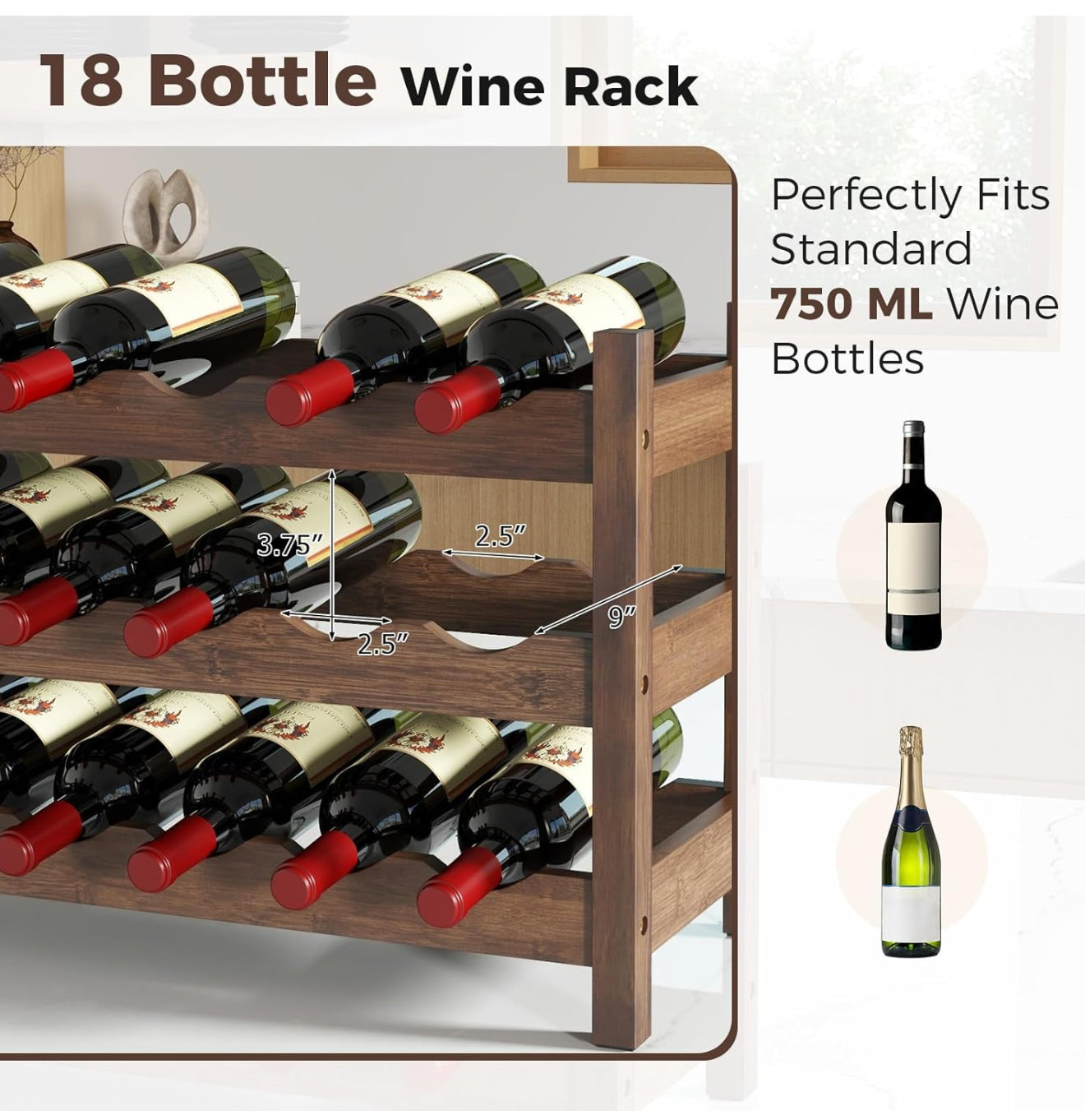 3-Tier Bamboo Wine Rack, 18-Bottle Tabletop Wine Holder with Wave Slot, Freestanding Countertop Wine Bottle Organizer for Kitchen, Pantry, Pub & Wine Cellar, Brown