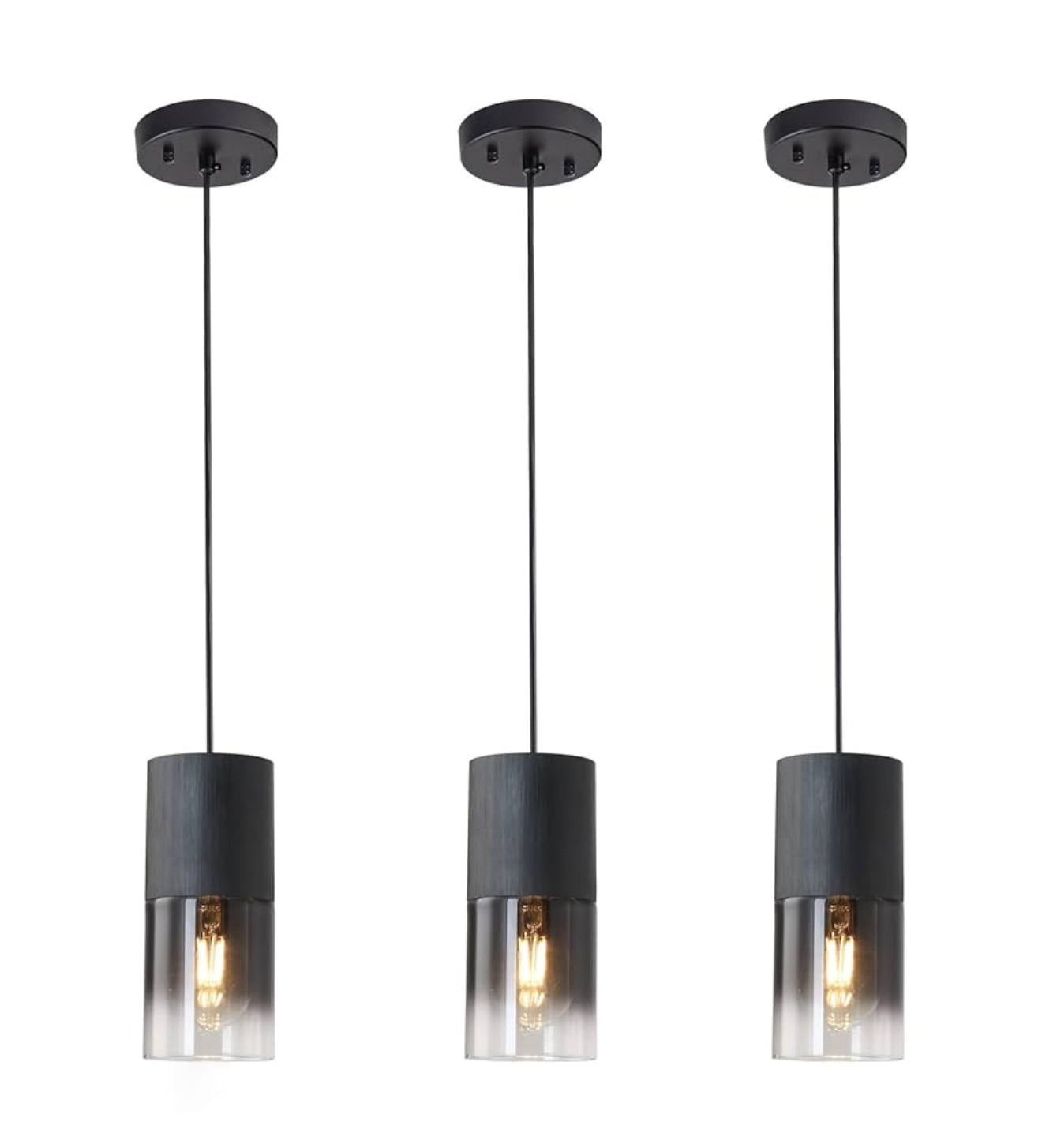 3-Pack Black Pendant Light Fixtures, Adjustable Modern Pendant Lights for Kitchen Island, Industrial Glass Pendant Lights for Dining Table Hallway Bedroom Living Room