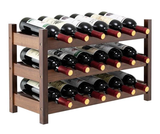 3-Tier Bamboo Wine Rack, 18-Bottle Tabletop Wine Holder with Wave Slot, Freestanding Countertop Wine Bottle Organizer for Kitchen, Pantry, Pub & Wine Cellar, Brown