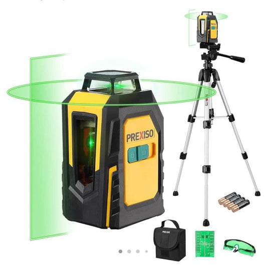 PREXISO 360° Laser Level with Tripod, 100Ft Self Leveling Cross Line Laser- Green Horizontal Line for Construction, Floor Tile, Renovation with Target Plate, Green Glasses, Carry Bag, 4 AA Batteries