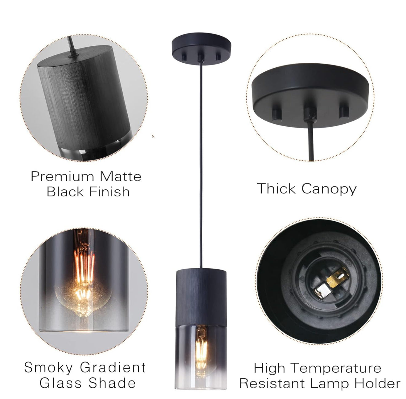 3-Pack Black Pendant Light Fixtures, Adjustable Modern Pendant Lights for Kitchen Island, Industrial Glass Pendant Lights for Dining Table Hallway Bedroom Living Room