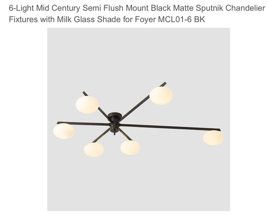 6-Light Mid Century Semi Flush Mount Black Matte Sputnik Chandelier Fixtures with Milk Glass Shade