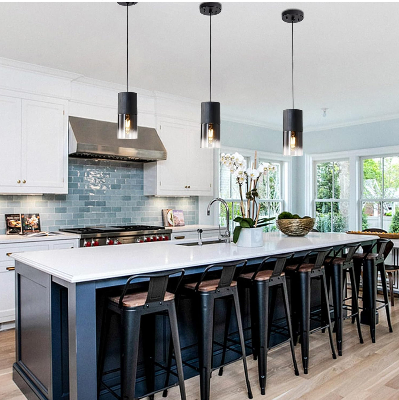 3-Pack Black Pendant Light Fixtures, Adjustable Modern Pendant Lights for Kitchen Island, Industrial Glass Pendant Lights for Dining Table Hallway Bedroom Living Room