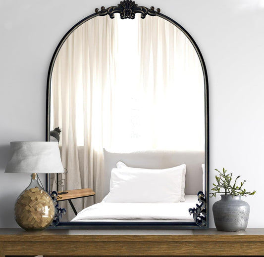 Arched Wall Mirror, 24"x36" Ornate Carved Mirrors, Black Metal Frame with Vintage Ornate Details